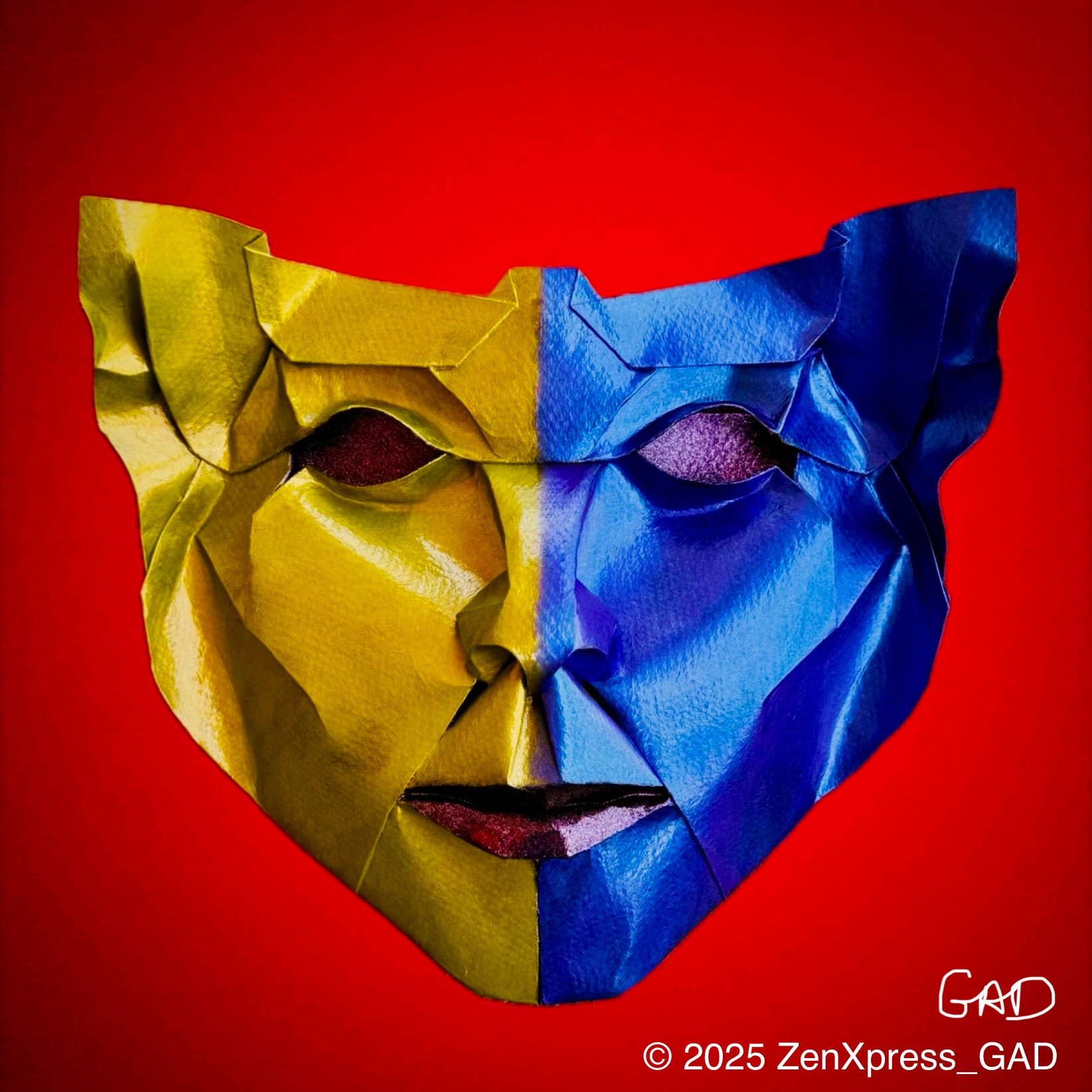 2025/09/09(Tue) 08:24「Dusk Guardian」Guillermo
（創作者 Author：Fynn Jackson,　製作者 Folder：Guillermo (@ZenXpress_GAD),　出典 Source：maskfolding.com）
 Behold the ‘Dusk Guardian’, my interpretation of Fynn Jackson’s Mask 18!   This catlike mask comes alive with blazing yellow and blue hues, transforming into striking red and dark blue under a purple light.  I feel this mask weaves a spell of passion with every shimmering curve evoking emotions that linger long after sunset.   Folded with Canson mi-teintes paper treated with acrylics.