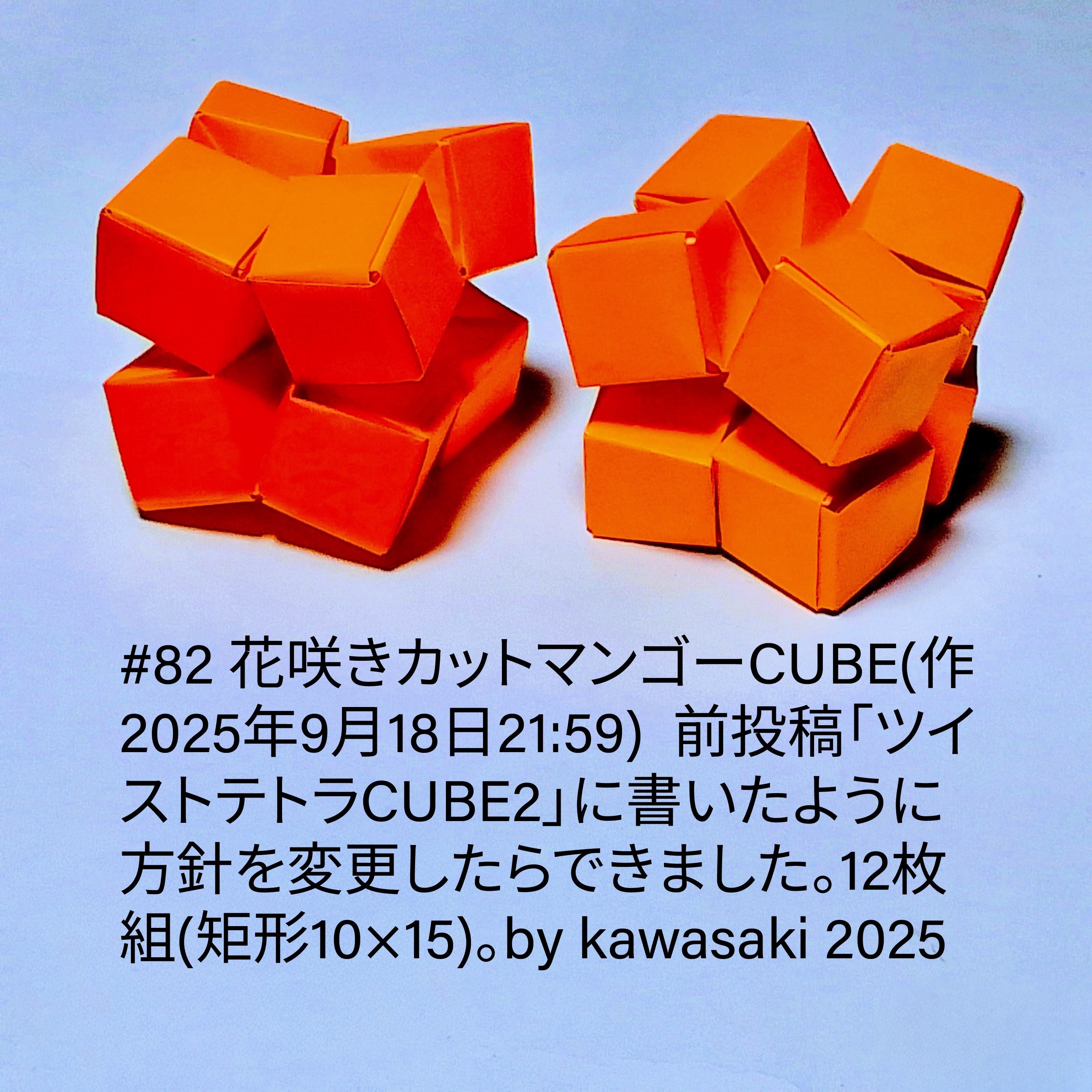 2025/09/19(Fri) 11:03「#82 花咲きカットマンゴーCUBE(作2025年9月18日21:59)  前投稿「ツイストテトラCUBE2」に書いたように方針を変更したらできました。12枚組(矩形10×15)。by kawasaki 2025」川崎敏和 Kawasaki Toshikazu
（創作者 Author：川崎敏和 Kawasaki Toshikazu,　製作者 Folder：川崎敏和 Kawasaki Toshikazu,　出典 Source：川崎折り紙キット2025＃82）
 前投稿「ツイストテトラCUBE2」に書いたように方針を変更したらできました。12枚組(矩形10×15)。
