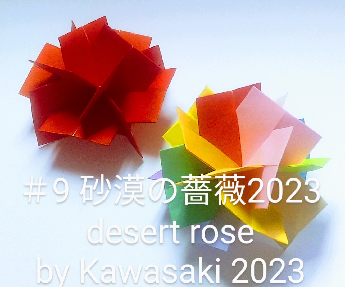 2023/02/11(Sat) 18:05「＃9砂漠の薔薇2023二種 desert rose by Kawasaki2023(作5023,2/11四角赤2:30,五角14:44)」川崎敏和 T.Kawasaki 
（創作者 Author：川崎敏和 T.Kawasaki ,　製作者 Folder：川崎敏和 T.Kawasaki ,　出典 Source：川崎敏和折り紙キット2023＃９）
 名作XYZに代表されるユニット折り紙群では【多面体】にならないものは排除されています。本作品のパーツも多面体をなしませんが、折り紙として自然でシンプルなので排除すべきではありません。川崎は【多面体＜折り紙】ということです。【折り紙＜多面体】であれば、空間ベクトルの内積計算をしなければなりません。 