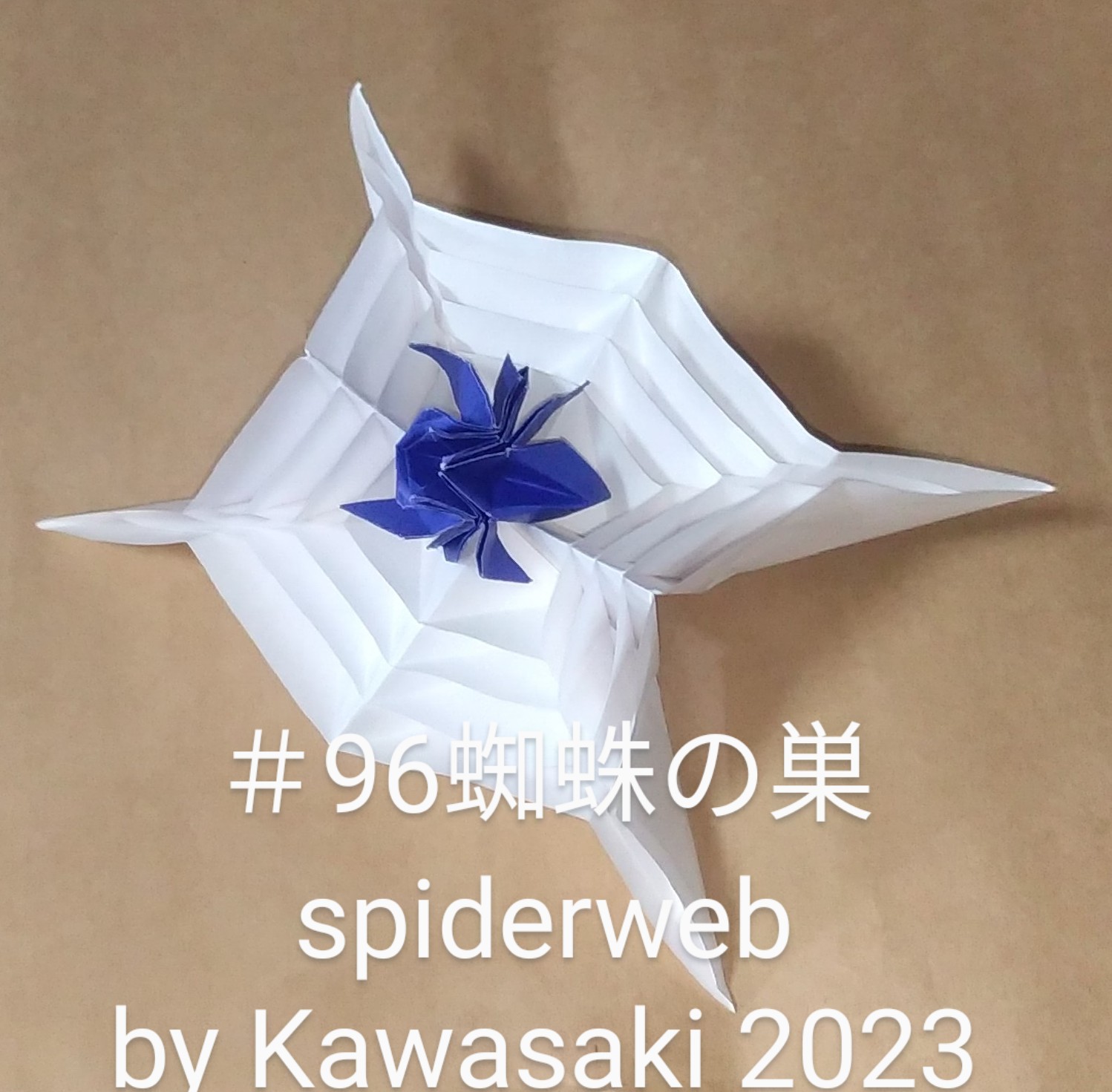 2023/10/16(Mon) 13:35「＃96蜘蛛の巣 spiderweb（2023年10月16日13:13）」川崎敏和 T.Kawasaki
（創作者 Author：川崎敏和 T.Kawasaki,　製作者 Folder：川崎敏和 T.Kawasaki ,　出典 Source：2023年川崎敏和折り紙キット＃96）
 ニルバさんのひまわりのように折りたたんだものが広がってあれよあれよいう間に、手のひらサイズの蜘蛛の巣になります。白7.5cmから2.5cm刻みの4枚組がスムーズに組めるようになりました。