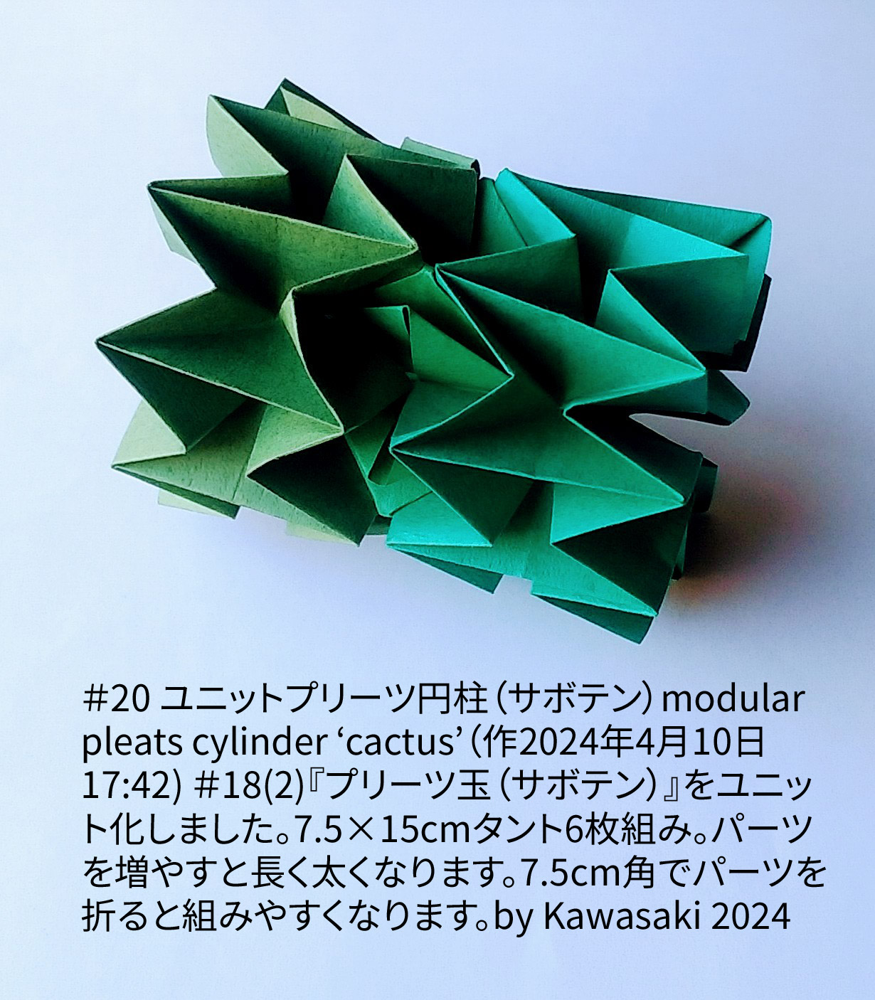 2024/04/10(Wed) 18:16「＃20 ユニットプリーツ円柱（サボテン）modular pleats cylinder ‘cactus’（作2024年4月10日17:42) 」川崎敏和 T.Kawasaki
（創作者 Author：川崎敏和 T.Kawasaki,　製作者 Folder：川崎敏和 T.Kawasaki ,　出典 Source：2024年川崎敏和折り紙キット＃20）
 ＃18(2)『プリーツ玉（サボテン）』をユニット化しました。7.5×15cmタント6枚組み。パーツを増やすと長く太くなります。7.5cm角でパーツを折ると組みやすくなります。by Kawasaki 2024