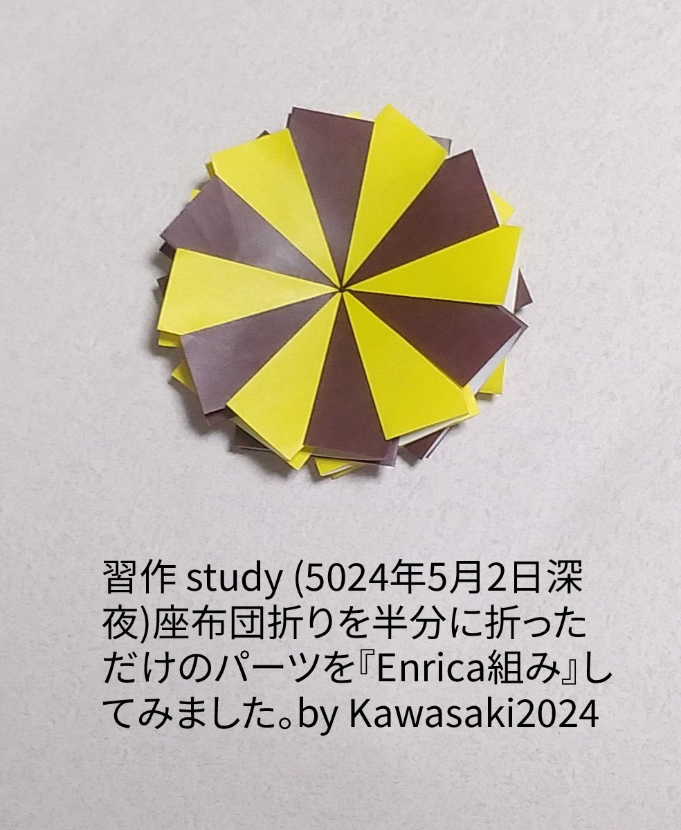 2024/05/03(Fri) 22:48「習作 study (5024年5月2日深夜)」川崎敏和 T.Kawasaki
（創作者 Author：川崎敏和 T.Kawasaki,　製作者 Folder：川崎敏和 T.Kawasaki ,　出典 Source：折り図無し no diagrm）
 座布団折りを半分に折っただけのパーツを『Enrica組み』してみました。by Kawasaki2024