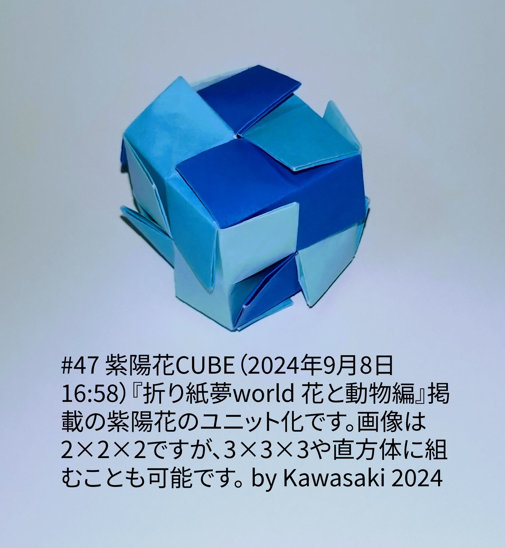 2024/09/08(Sun) 17:18「#47 紫陽花CUBE（作2024年9月8日16:58）」川崎敏和 Toshikazu Kawasaki
（創作者 Author：川崎敏和 Toshikazu Kawasaki,　製作者 Folder：川崎敏和 Toshikazu Kawasaki,　出典 Source：川崎折り紙キット2024＃47）
 『折り紙夢world 花と動物編』掲載の紫陽花のユニット化です。画像は12枚組み2×2×2ですが、3×3×3や直方体に組むことも可能です。 by Kawasaki 2024