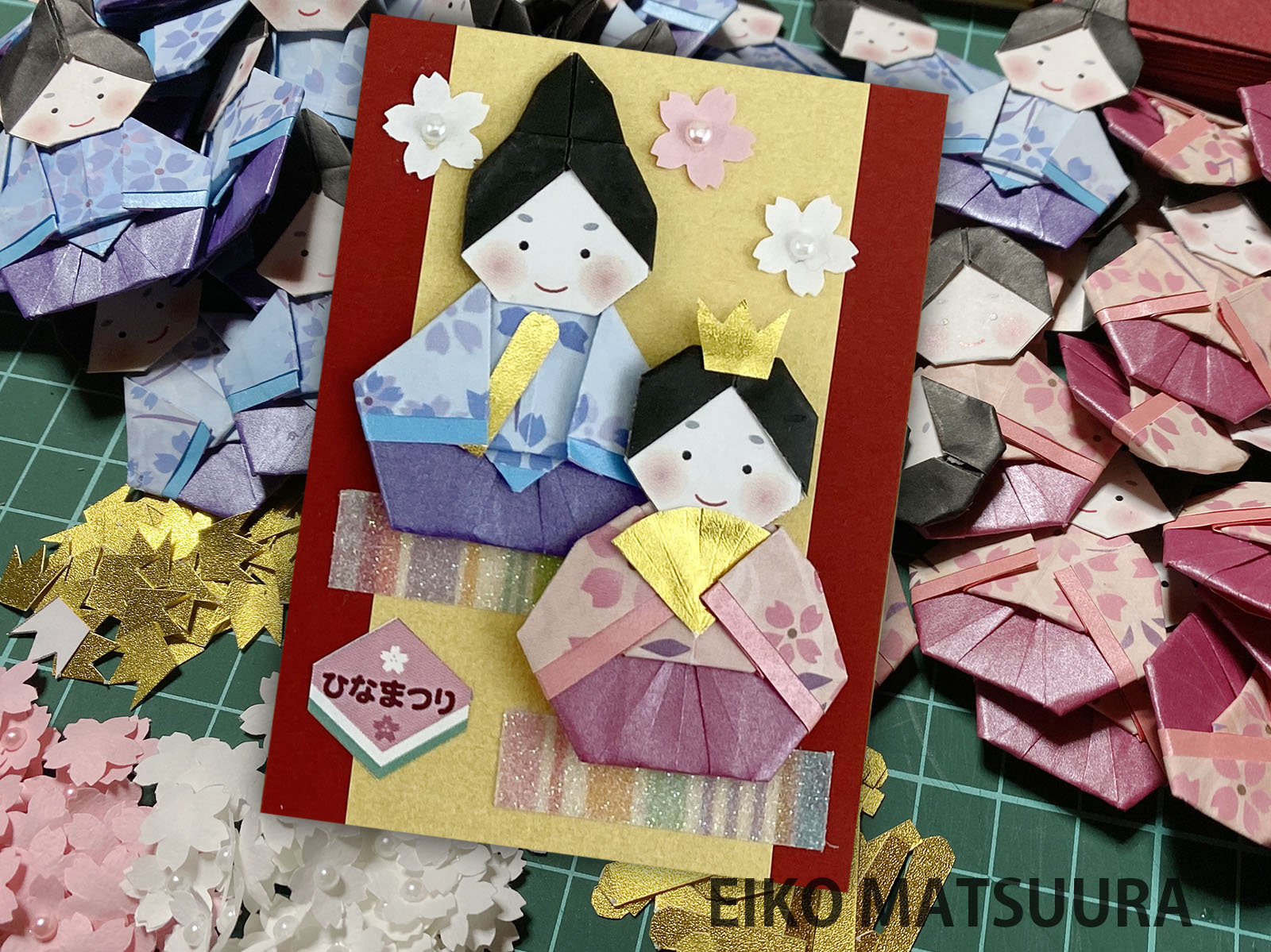 2022/05/28(Sat) 16:49「おひなさま　Hina Dolls for Peach Festival」松浦英子　Eiko Matsuura
（創作者 Author：おひなさま Hina Doll: 山口真 Makoto Yamaguchi,　製作者 Folder：松浦英子　Eiko Matsuura,　出典 Source：）
 2022年2月に開催された、OrigamiATC交換会に参加したカード。テーマは「2」でした。